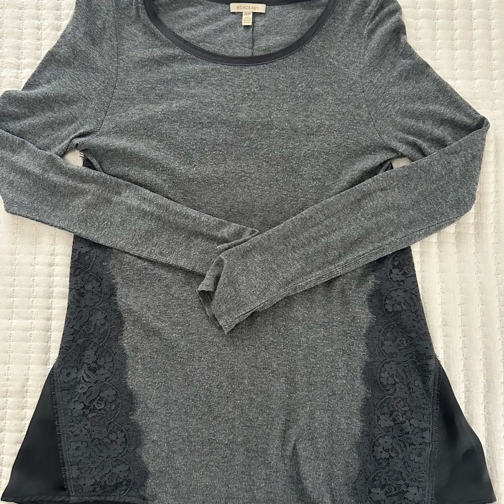 Bordeaux - Anthropologie, Gray Long Sleeve Top with Black Lace Detail